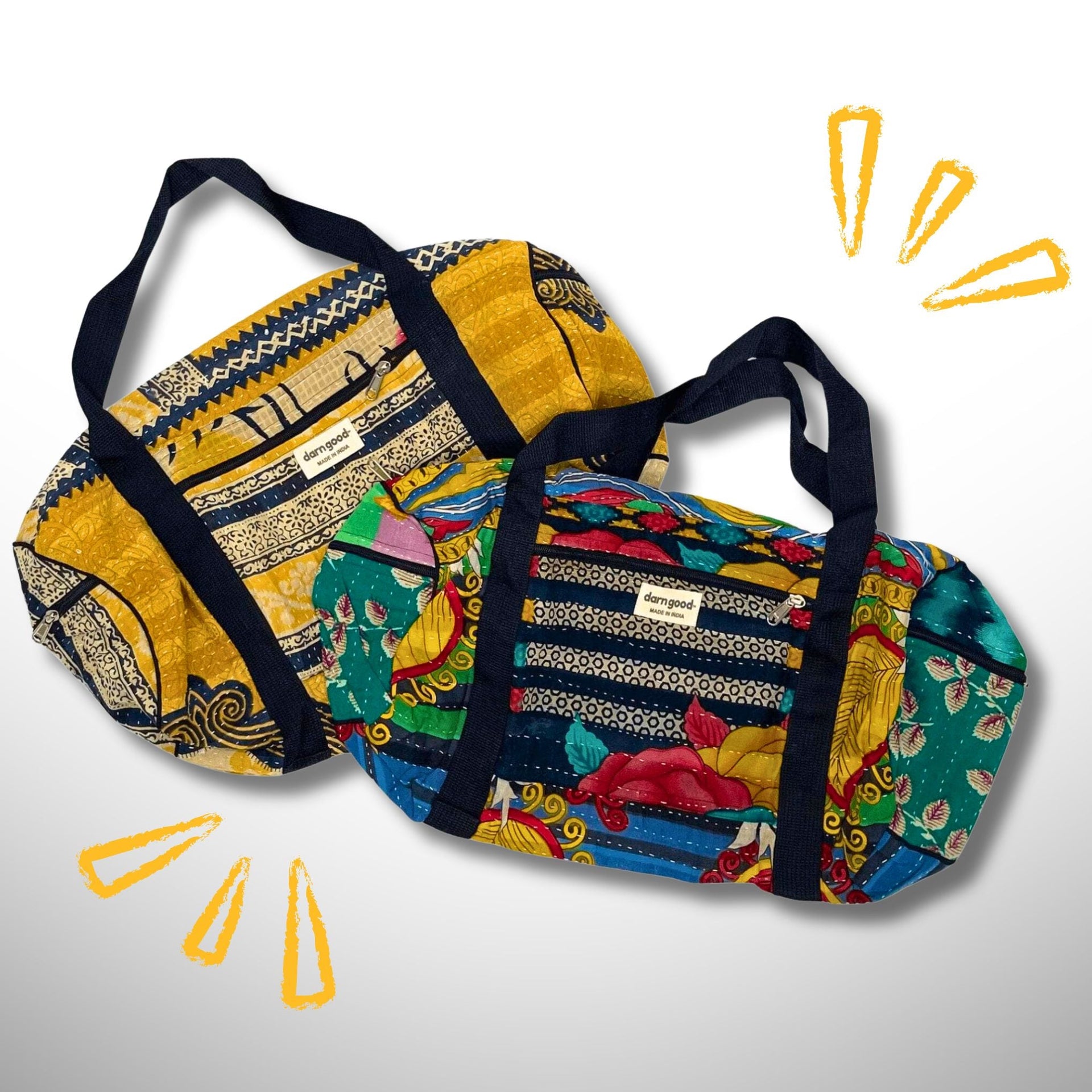Artisan overnight travel bag featuring intricate, handcrafted Kantha stitching in a functional weekender design.
