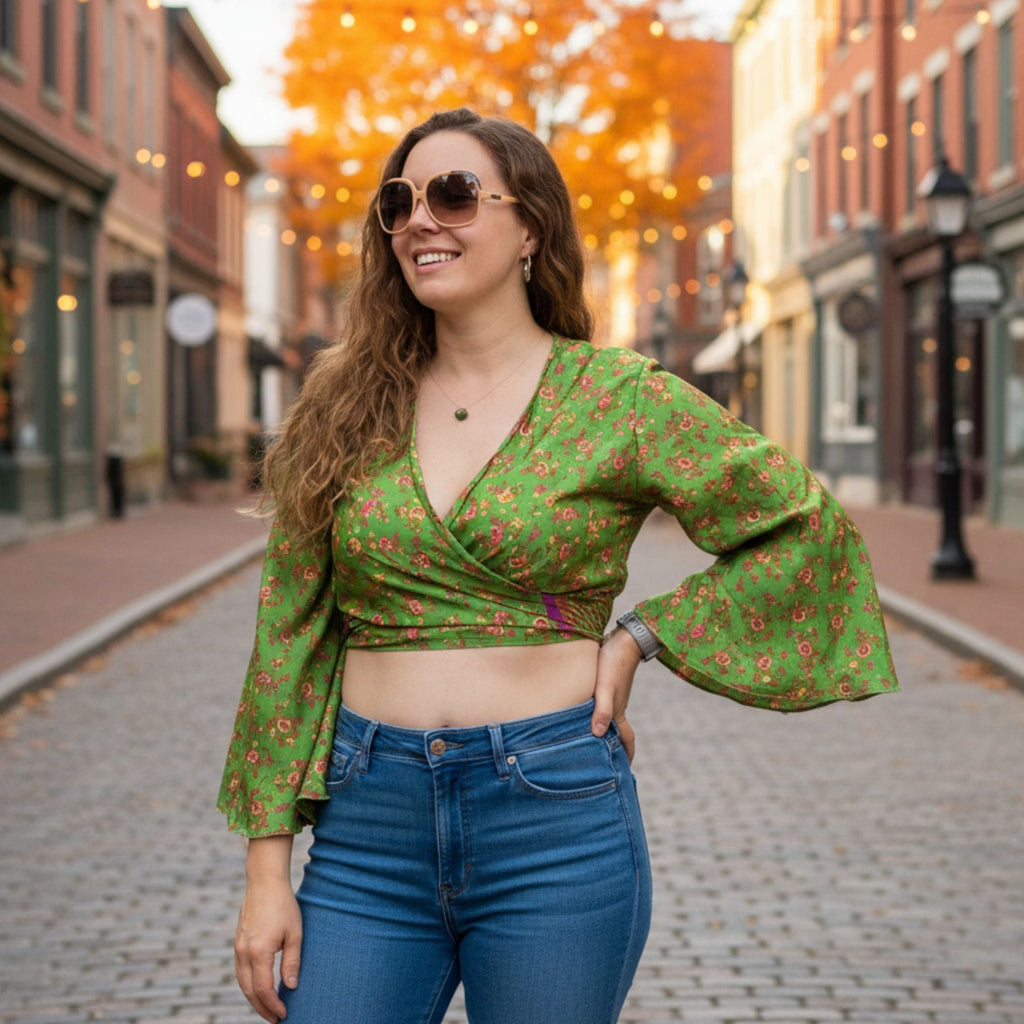 Sari Bell Sleeve Wrap Top - Sustainable Boho Wrap Blouse