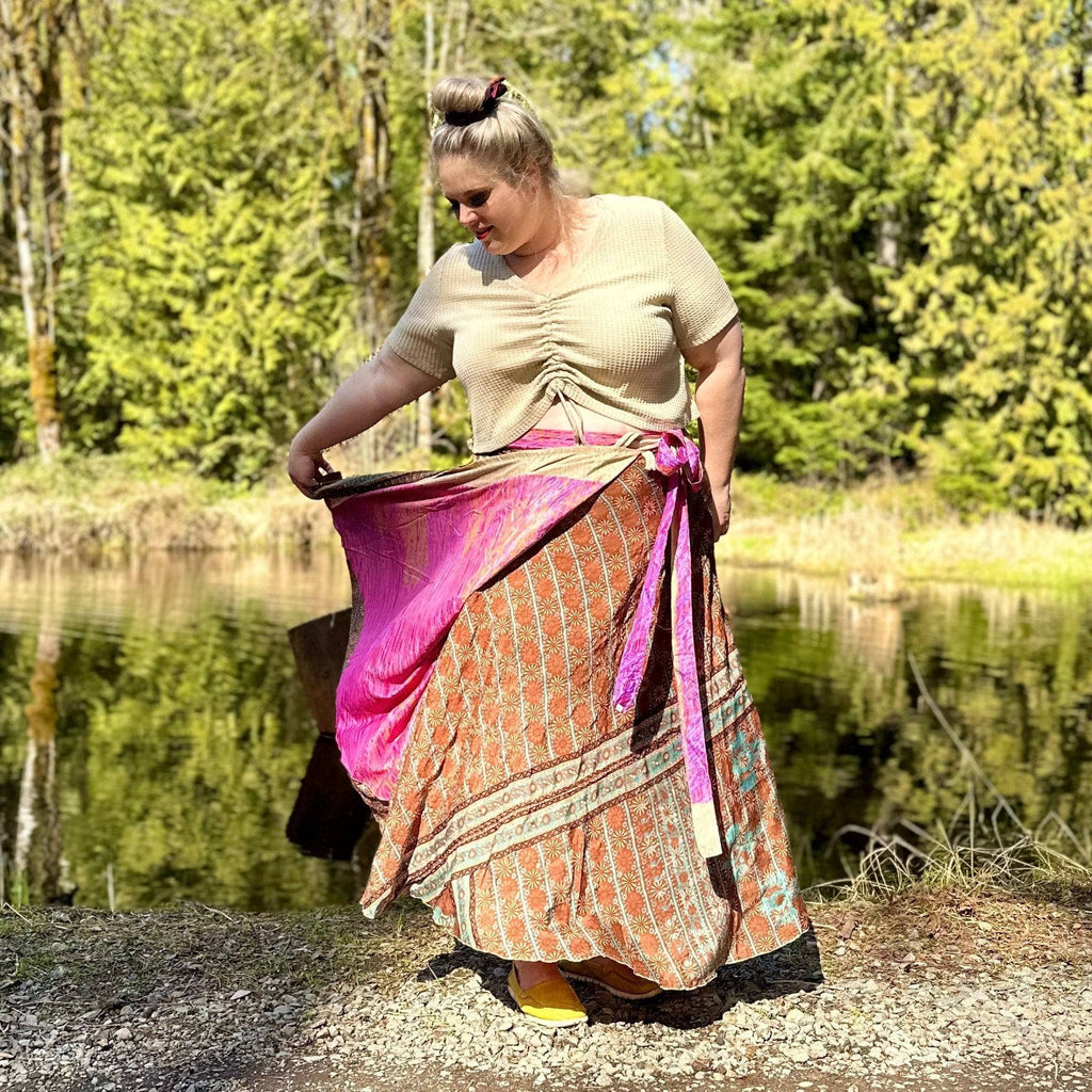 Original Recycled Sari Wrap Skirt: Adjustable Reversible Boho Style