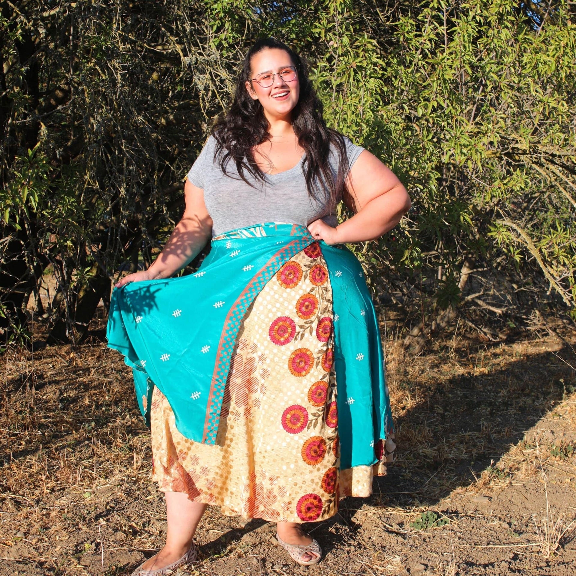 Original Recycled Sari Wrap Skirt: Adjustable Reversible Boho Style