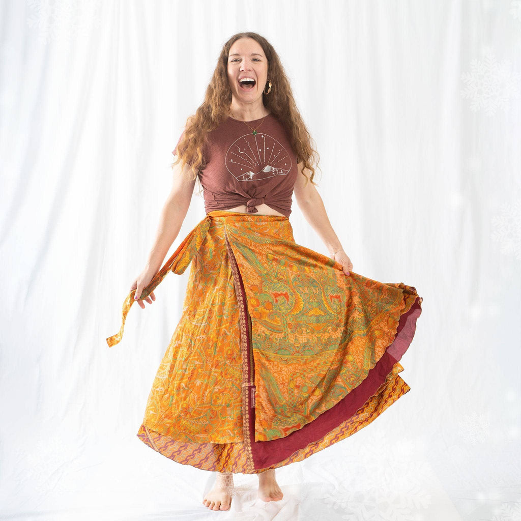 Original Recycled Sari Wrap Skirt: Adjustable Reversible Boho Style