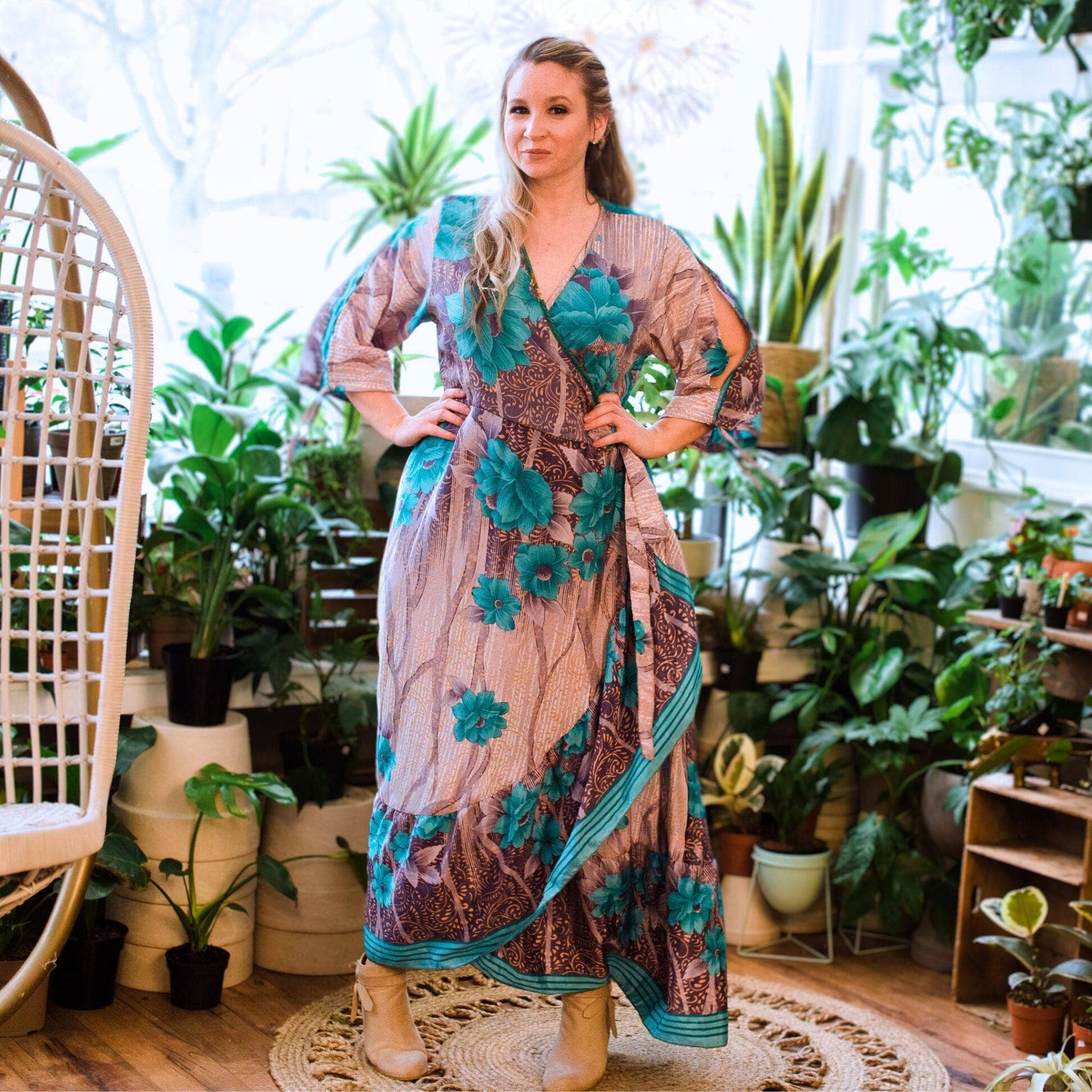 Zaria One-of-a-Kind Silk Wrap Maxi Dress, Bohemian Eclectic Style