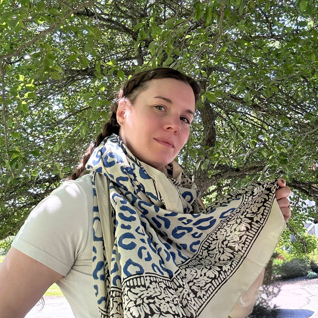 Wild Indigo Bloom Hand Block Print Cotton Scarf & Boho Sarong Wrap