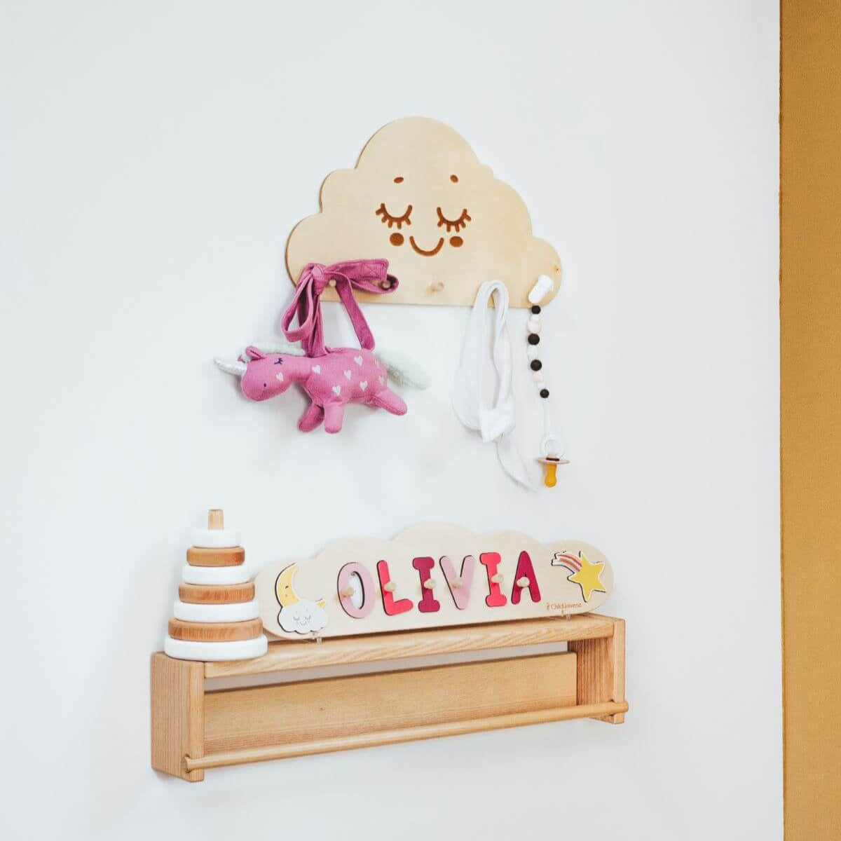 Cloud Nursery Wall Hanger in Natural Wood and White