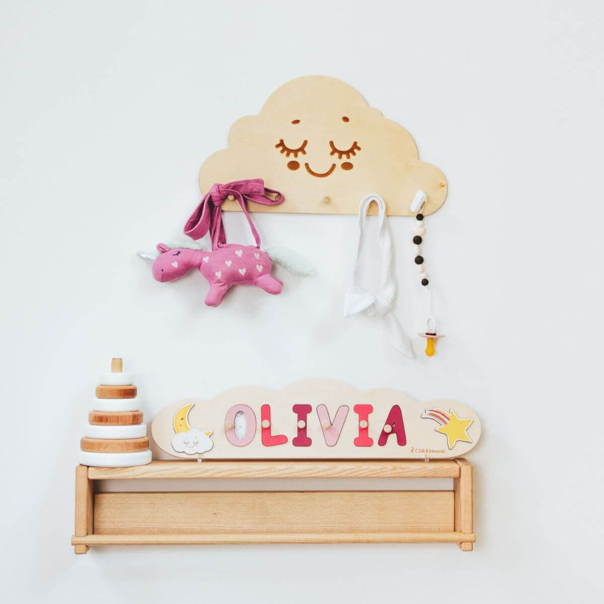 Cloud Nursery Wall Hanger in Natural Wood and White