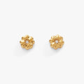 A pair of gold-tone mini stud earrings shaped like four-leaf clovers with clear crystal accents on a white background.