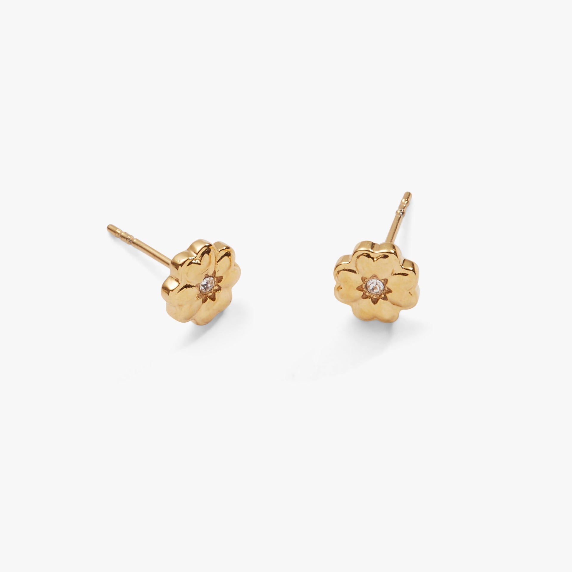 Gold Four-Leaf Clover Mini Stud Earrings with Clear Crystals