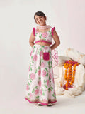 Girl's pink and white lehenga choli set with net dupatta and cotton skirt