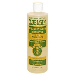 A 16 oz bottle of Clubman Country Club Shampoo, a professional pH-balanced hair cleanser.