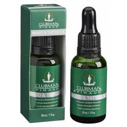 A 1oz bottle of Clubman Beard and Tattoo Oil for conditioning hair and skin.