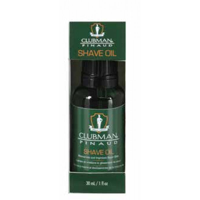 1oz bottle of Clubman Shave Oil for moisturizing and smooth razor glide