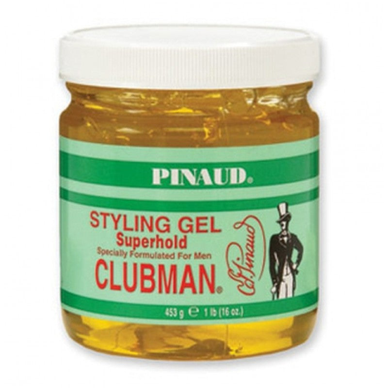 16oz jar of Clubman Superhold Styling Gel for a professional, non-greasy finish.