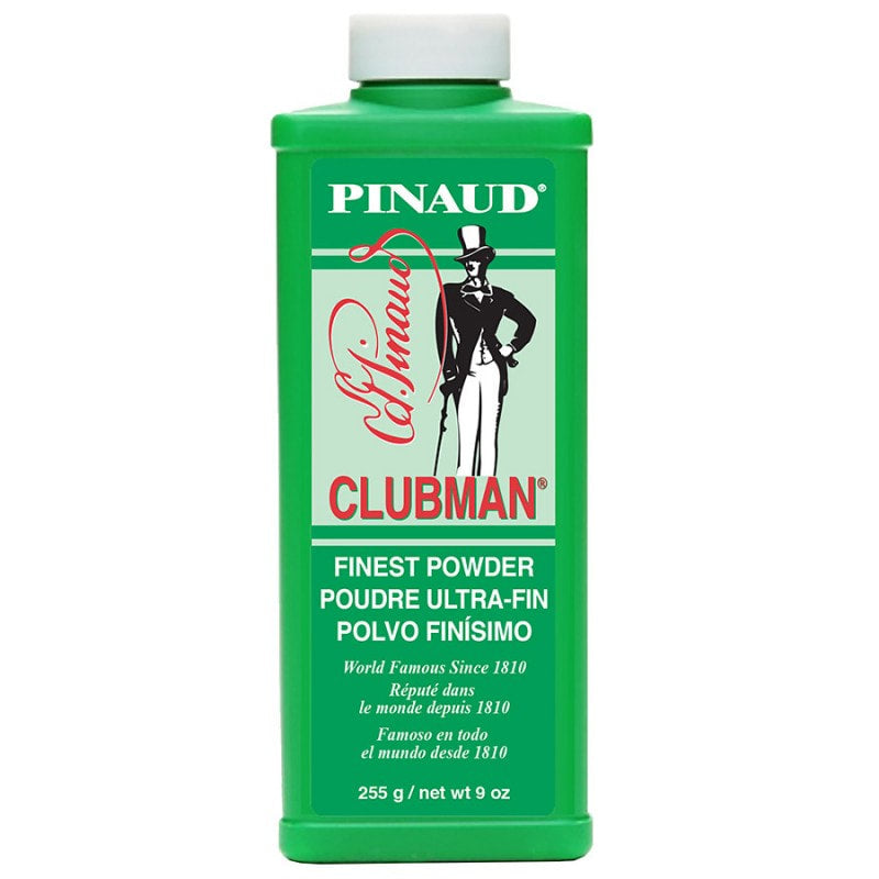 A 9oz bottle of Clubman Pinaud Talc powder for moisture control and grooming.