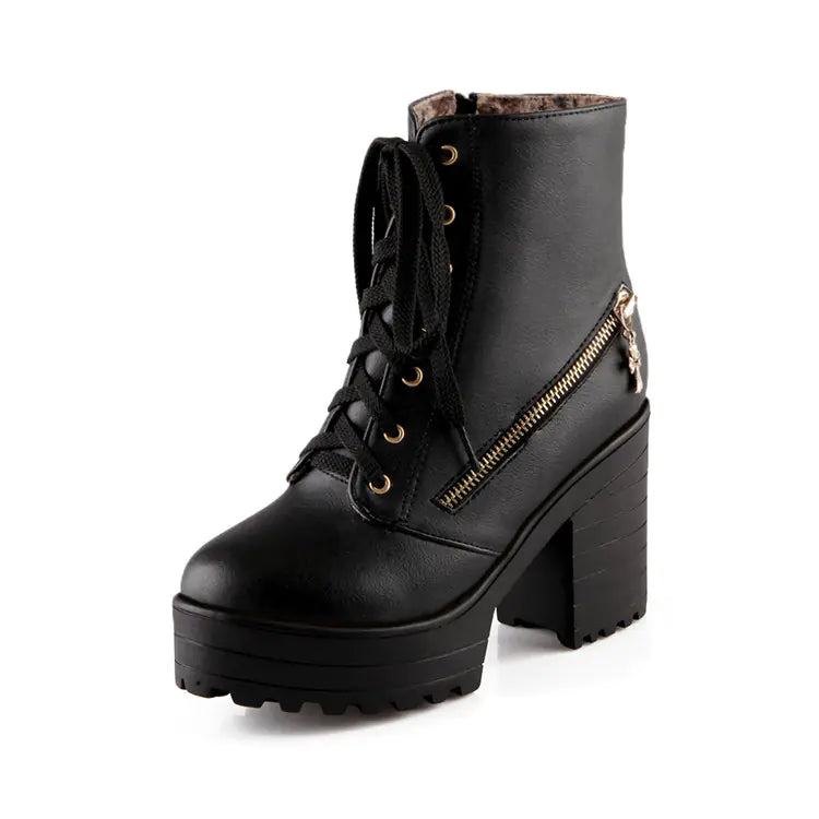 Women's Vintage Lace-Up Platform Ankle Boots with Chunky Heels - Image 4