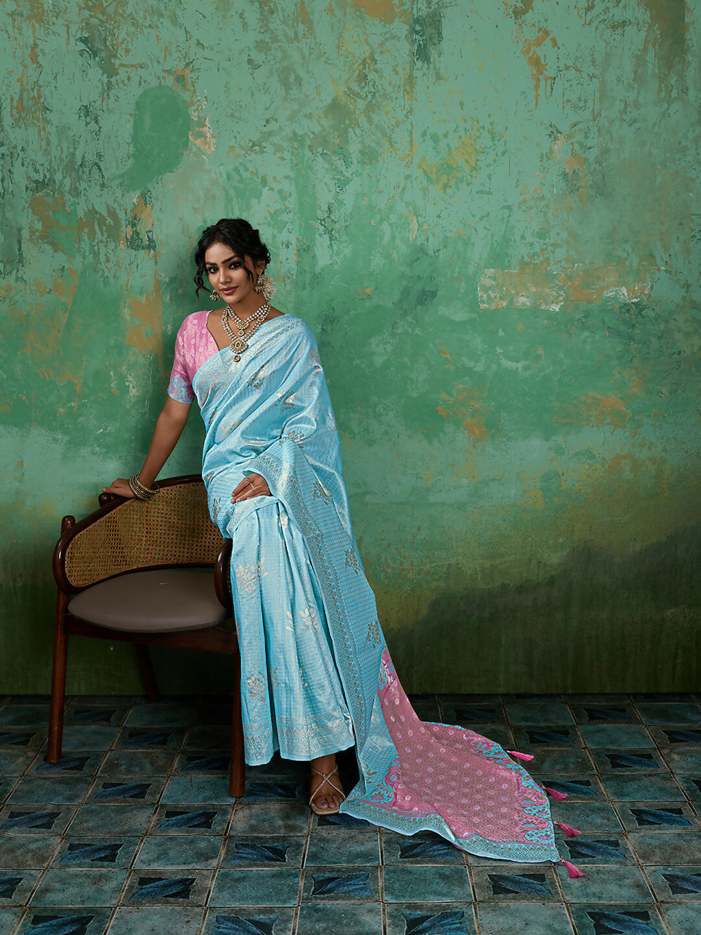 Sky Blue Linen Cotton Saree with Matching Blouse