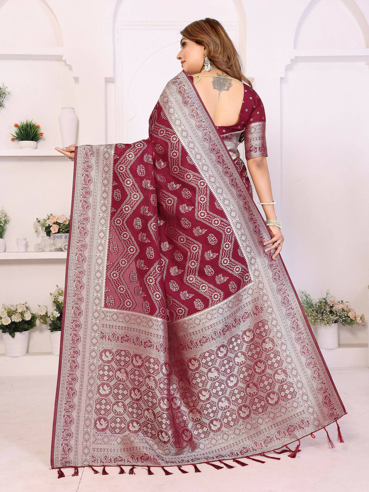 Maroon Georgette Silk Leheriya Saree with Zari Weaving