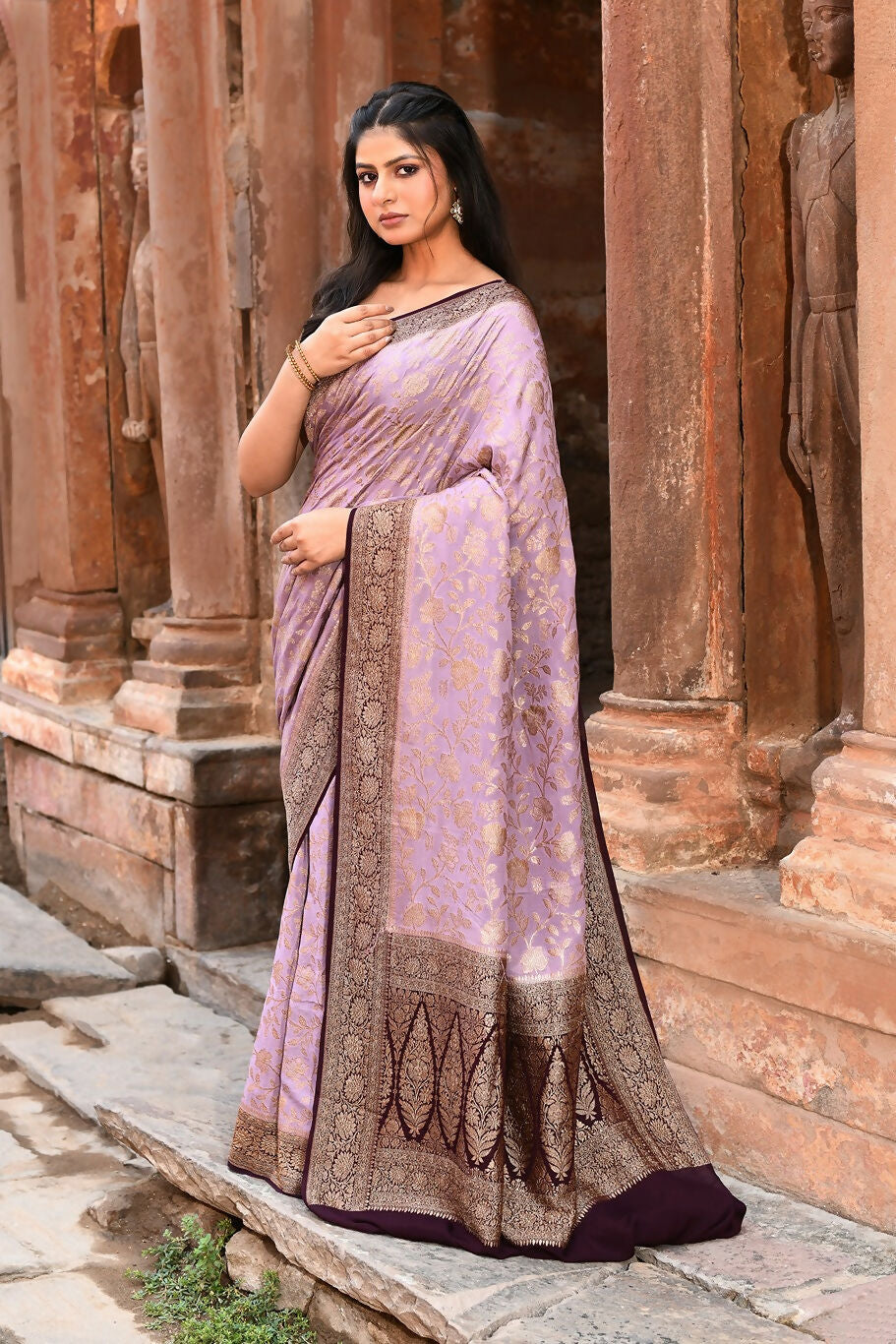Nude Pink Crepe Chiffon Pure Handloom Banarasi Silk Saree