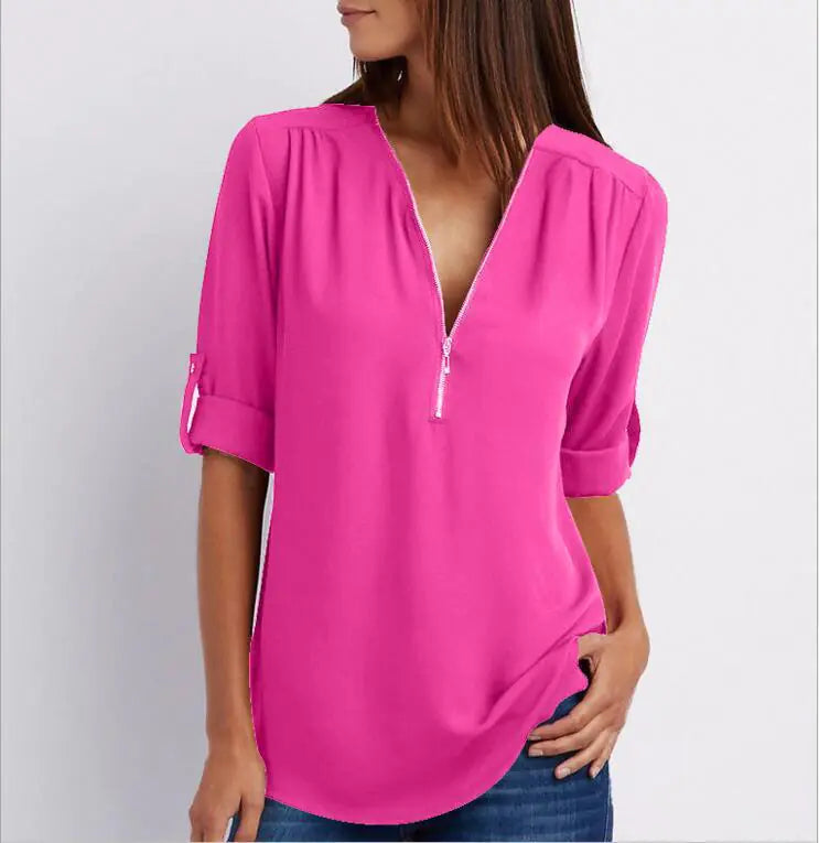 Women's Plus Size V-Neck Zip Chiffon Shirt