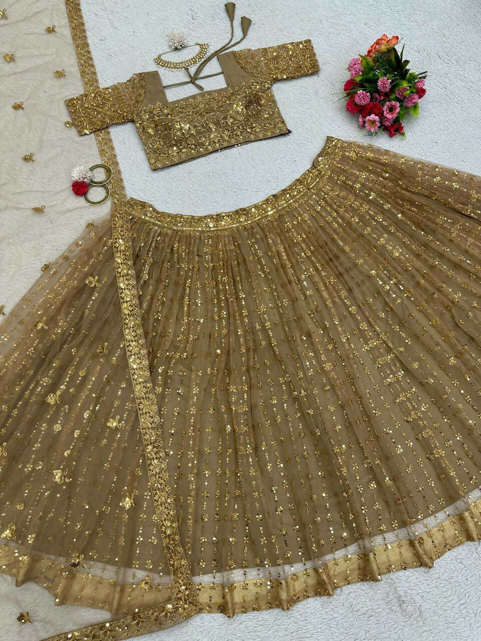 Beige Butterfly Net Sequins Embroidered Lehenga Choli Set