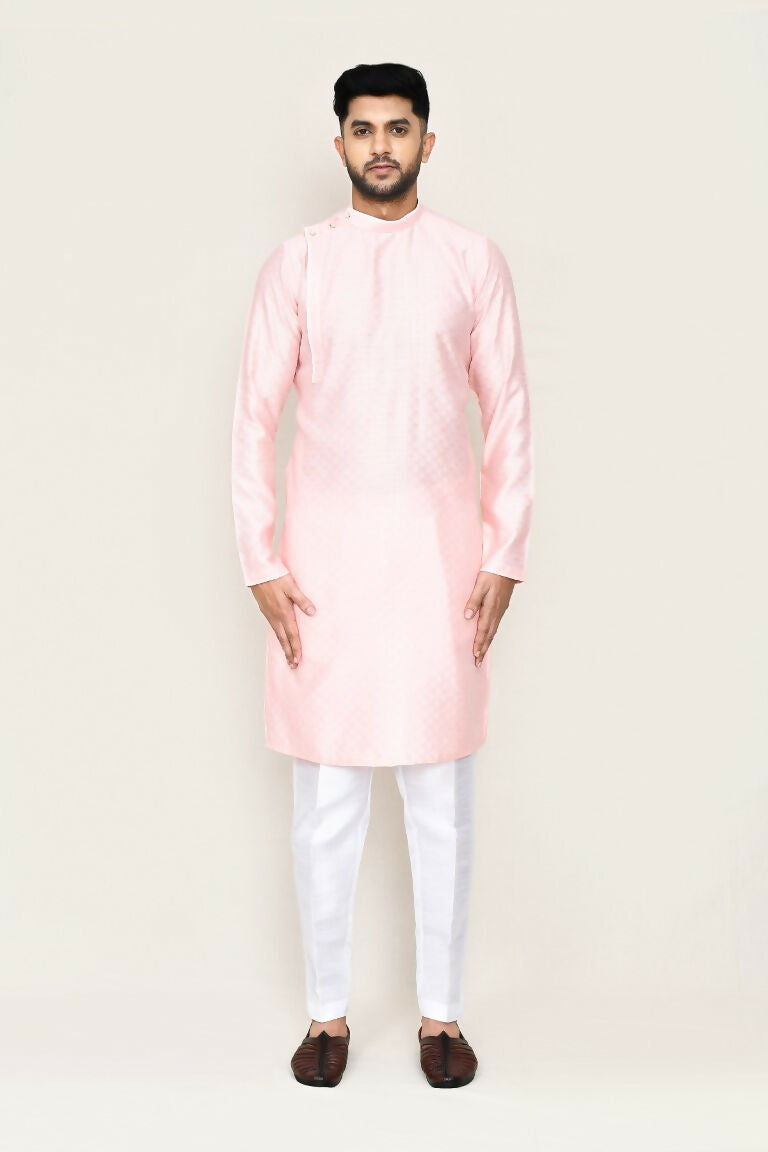 Pink Jacquard Silk Kurta Set with Straight Fit Pants