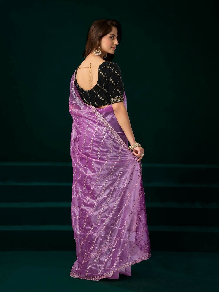 Lavender Net Party Wear Saree with Black Velvet Blouse