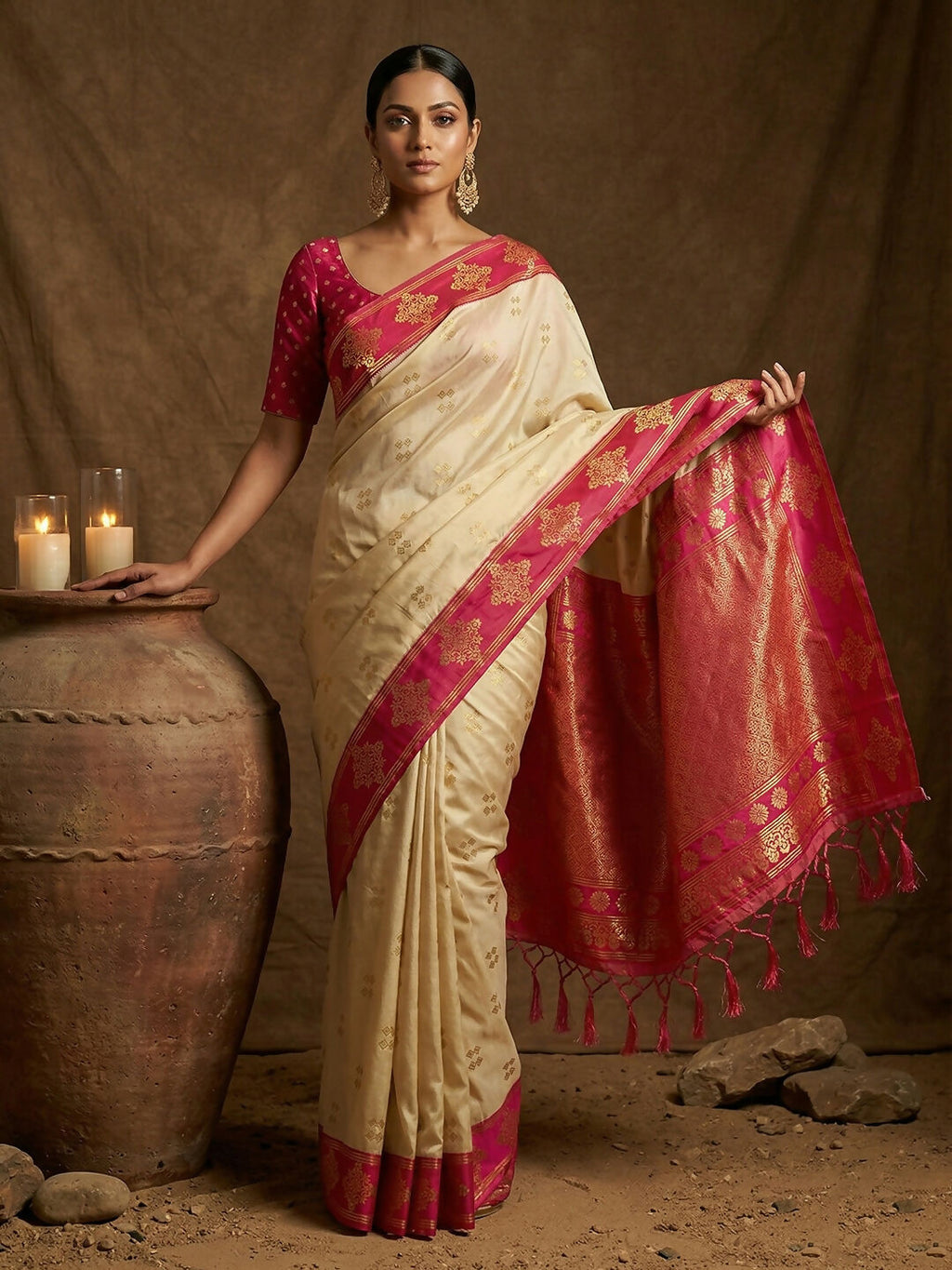 Cream Soft Silk Saree with Contrast Pink Blouse Piece