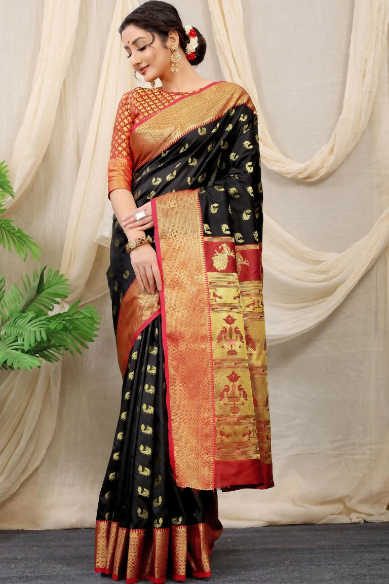 Black Banarasi silk saree with Zari work and red blouse
