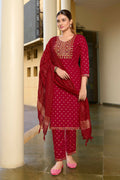 Jyoti Fashion Women's Maroon 14KG Rayon Foil Print with Embroidery Kurta Set