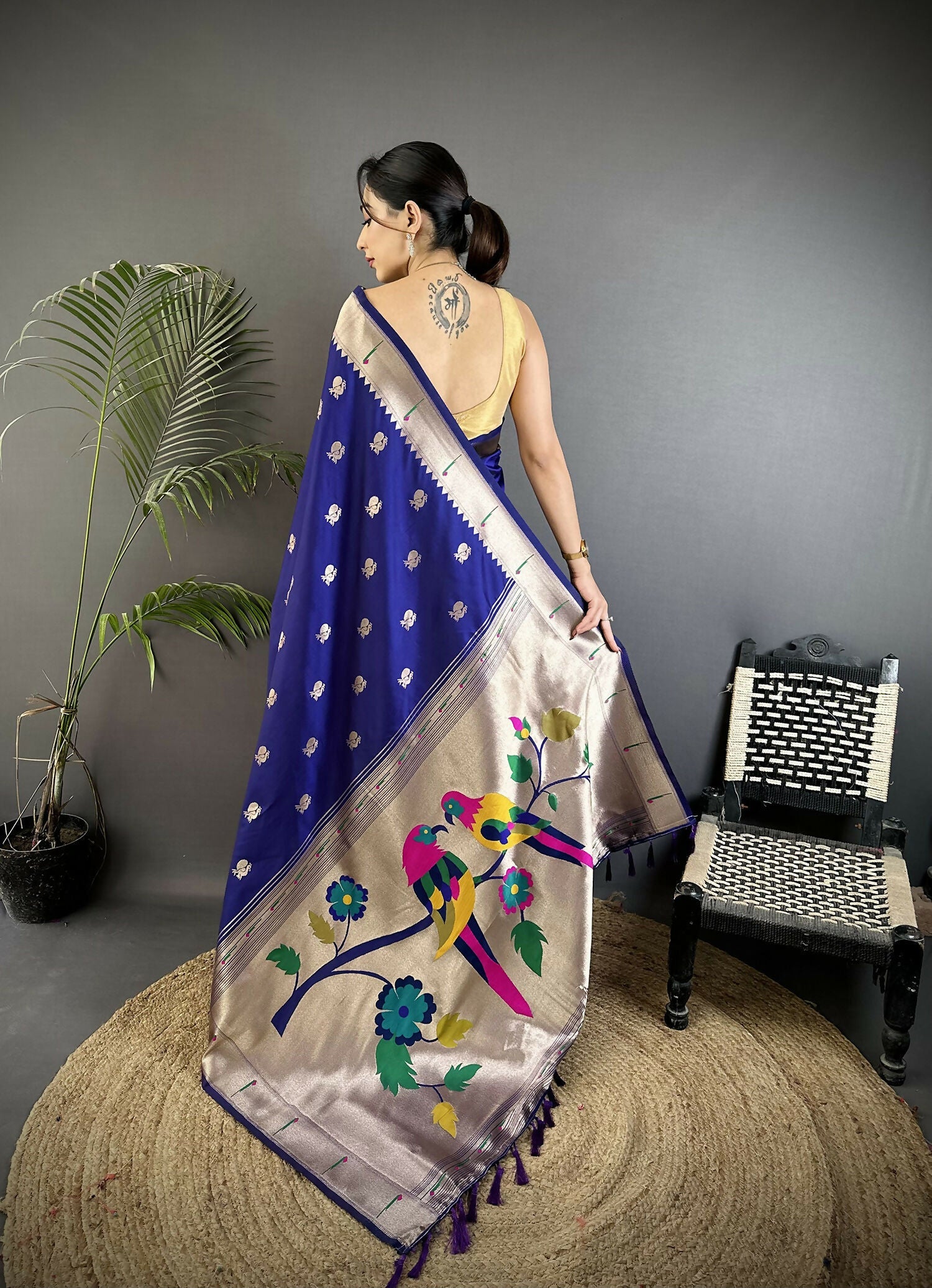 Royal Blue Soft Silk Kanchipuram Saree with Peacock & Floral Motifs