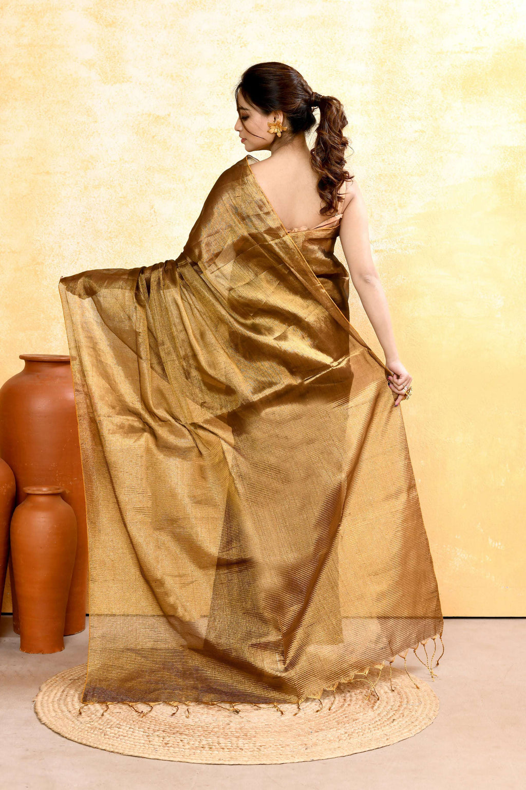 Gold Dual Tone Organic Tissue Saree with Matching Blouse Piece