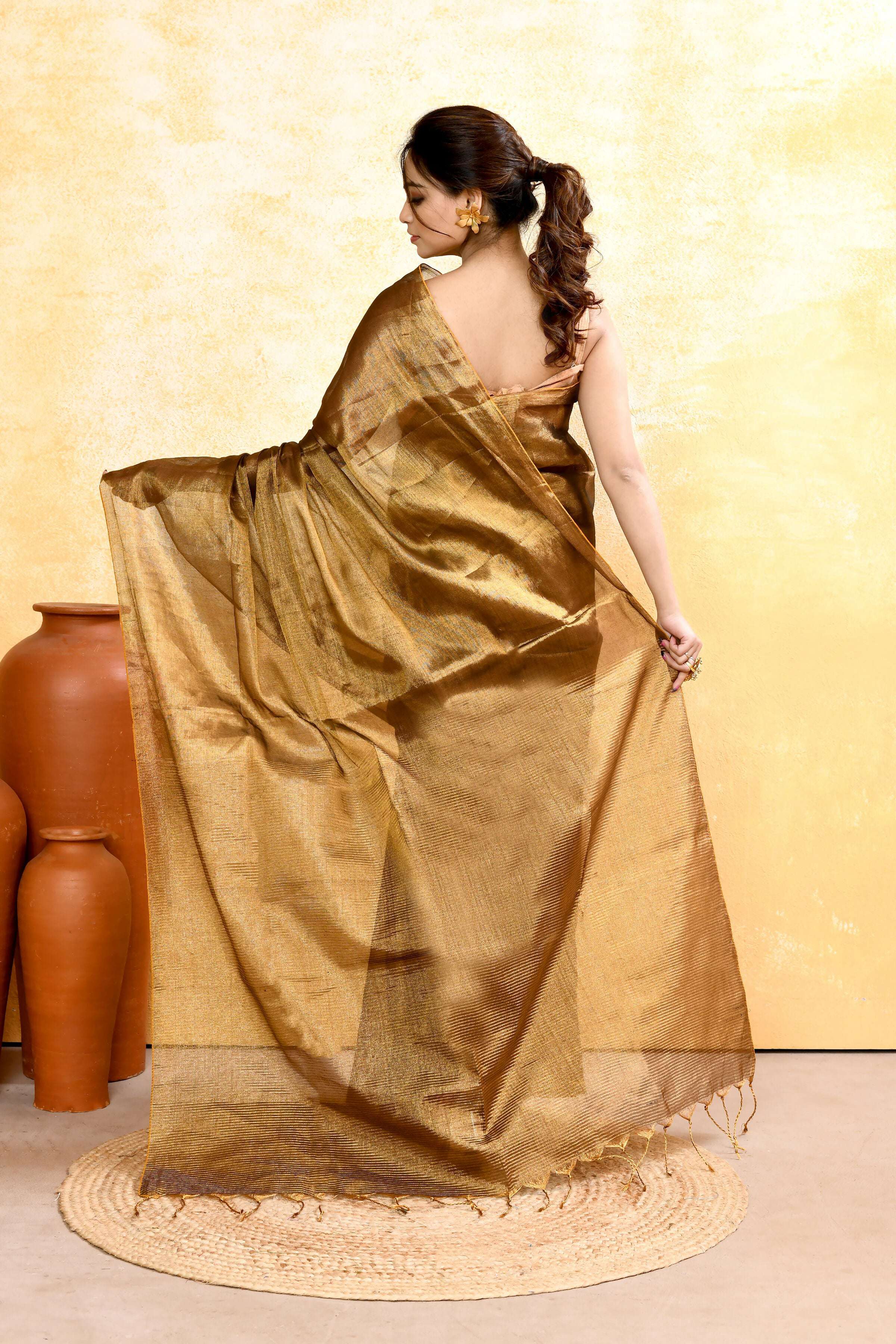 Gold Dual Tone Organic Tissue Saree with Matching Blouse Piece