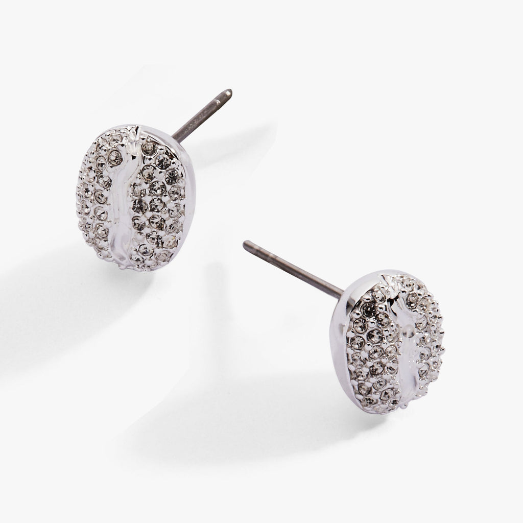 Coffee Bean Pave Crystal Stud Earrings in Silver, Modern Minimalist