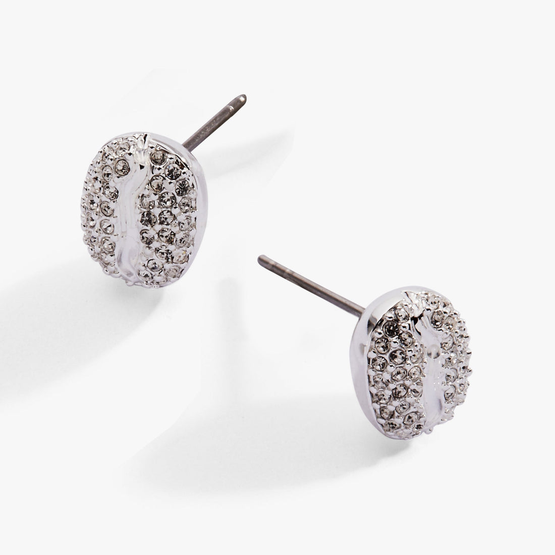 Coffee Bean Pave Crystal Stud Earrings in Silver, Modern Minimalist