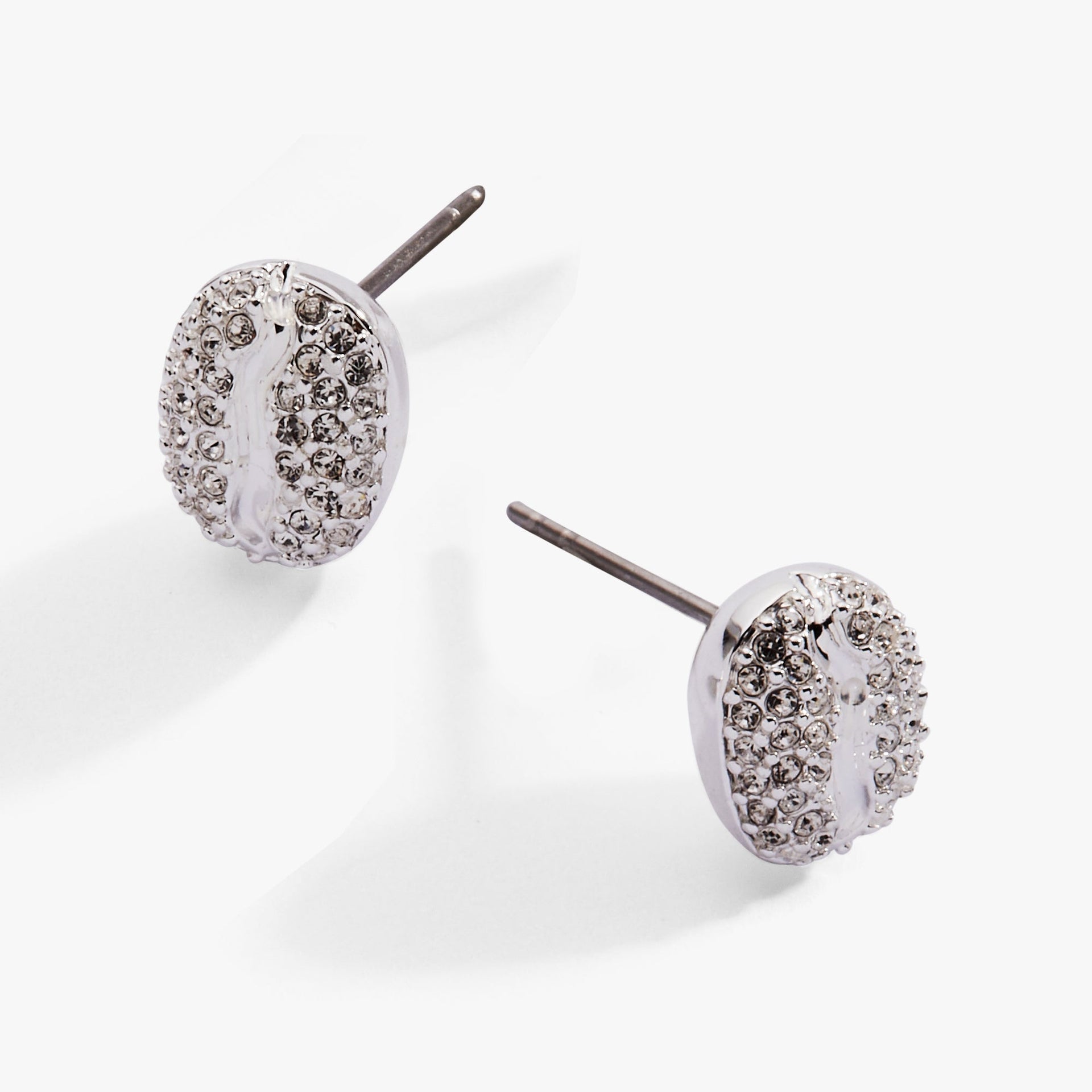 Coffee Bean Pave Crystal Stud Earrings in Silver, Modern Minimalist
