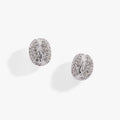 Close-up view of coffee bean shaped silver stud earrings with clear pave crystal detail.