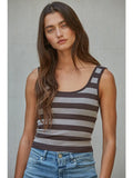 Woman wearing a dark brown and grey striped seamless knit padded tank top with a scoop neckline.