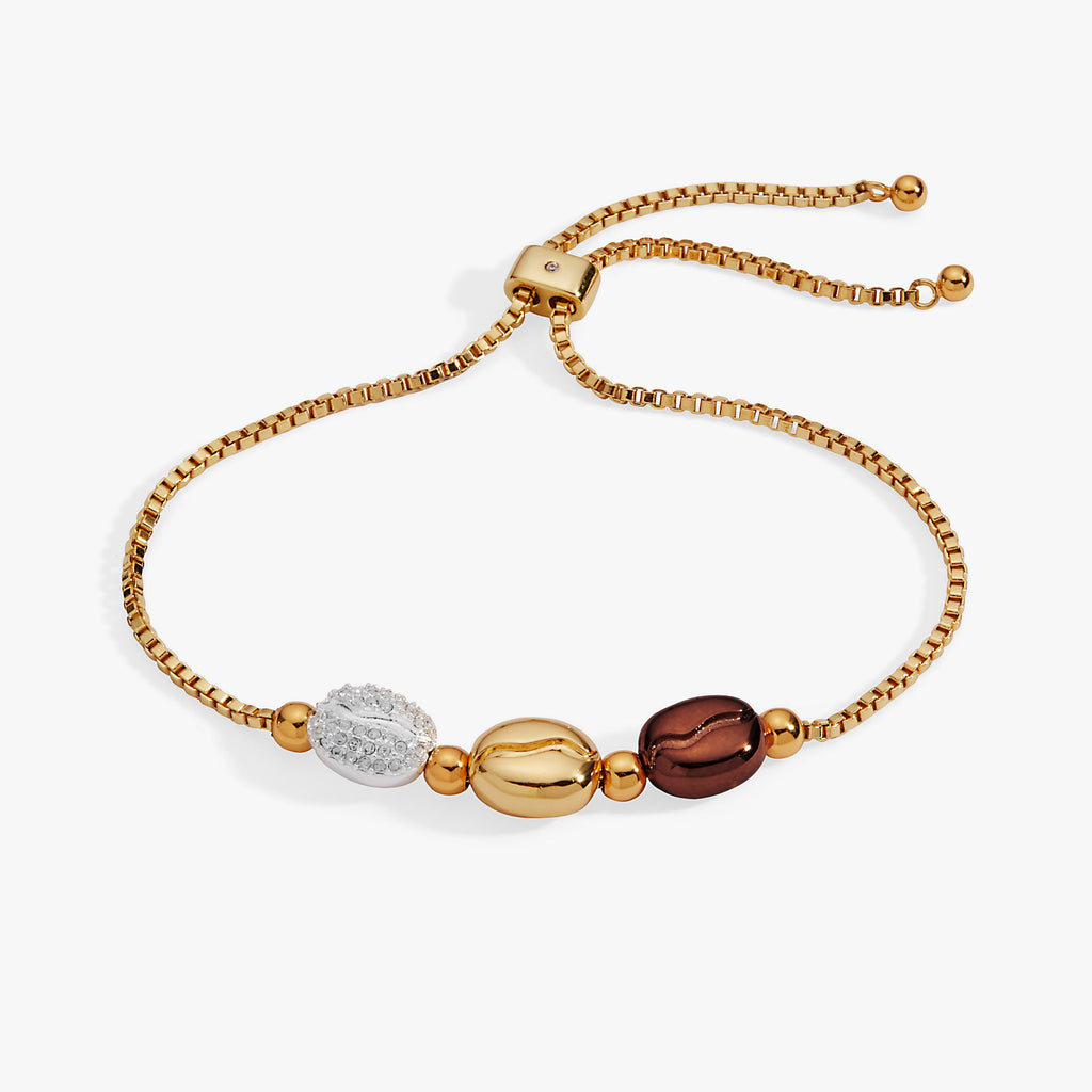 Coffee bean bolo bracelet featuring chocolate brown, gold, and silver-tone sliders.