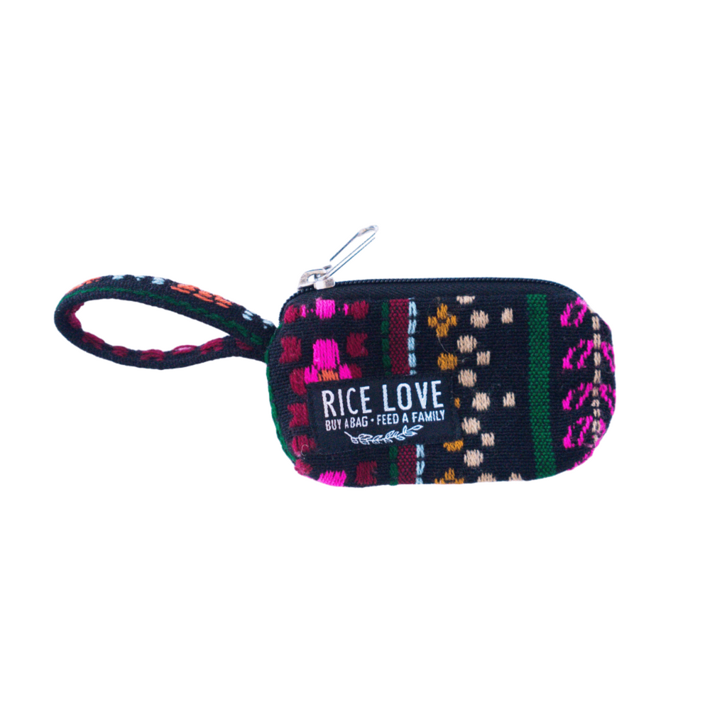 Colorful woven fabric coin purse with wrist strap and zipper closure