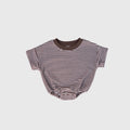 Baby wearing a minimalist cola and white striped short-sleeve terry romper with crew neckline