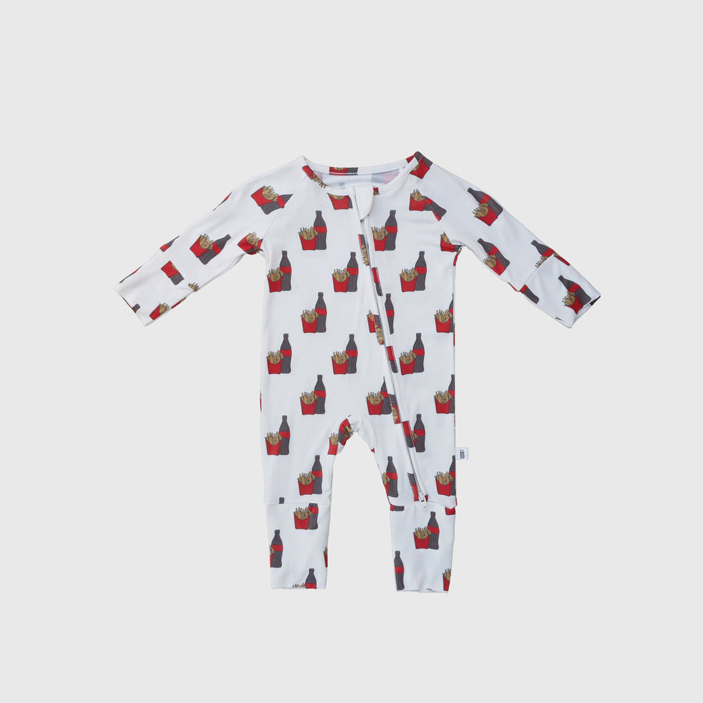Unisex bamboo zip pajamas for children in white and red with fries and cola print