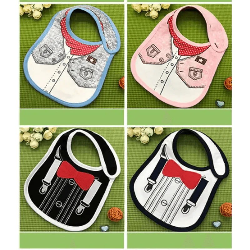 Close up of a cotton baby bib featuring a novelty collar design for newborn boys and girls
