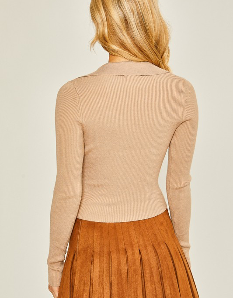 Collared V Neck Sweater Top in Taupe - Soft Knit Pullover