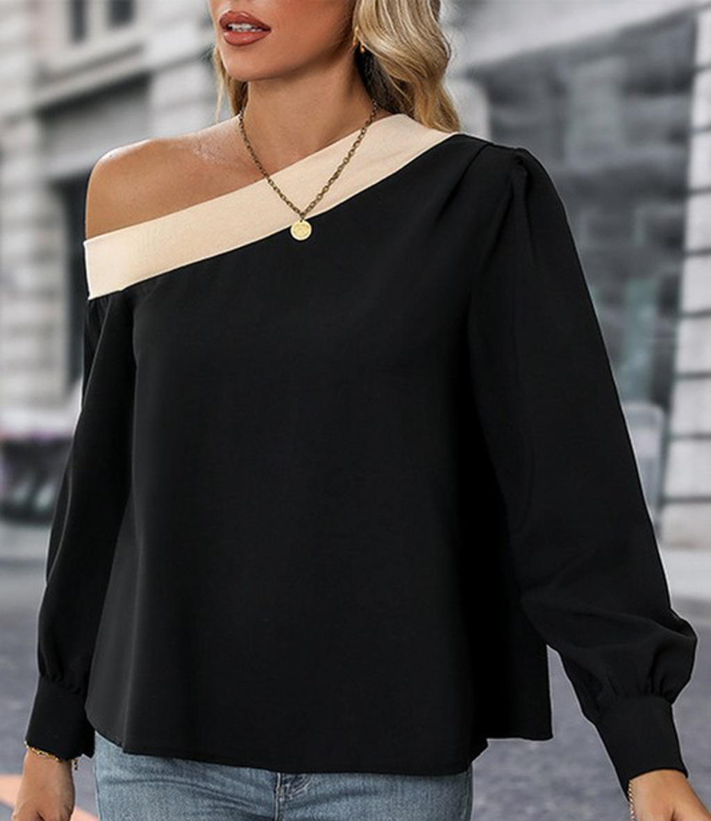 Color Blocked Off Shoulder Blouse in Black