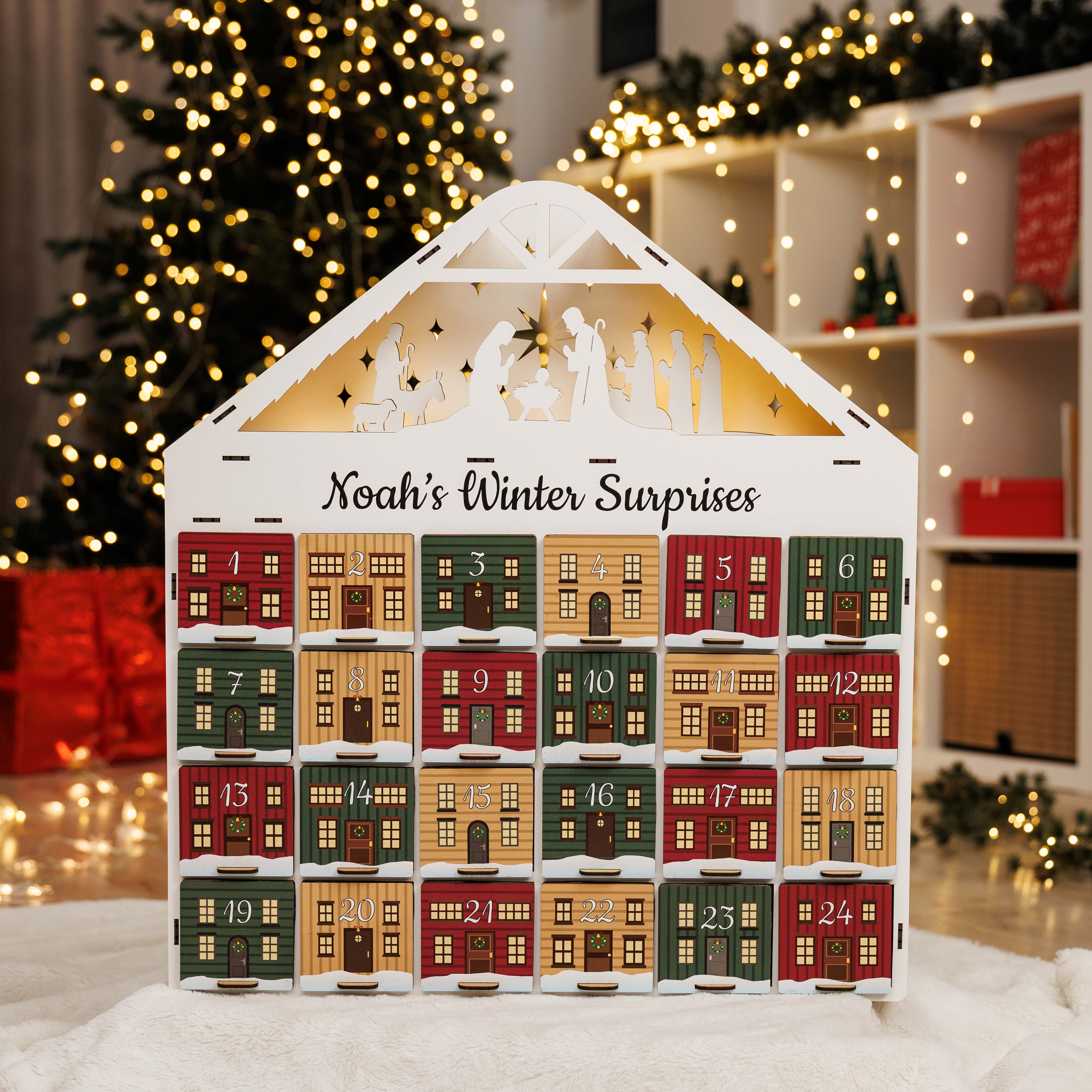 Vintage wooden Christmas advent calendar with 24 individual colorful drawers for festive gift giving.