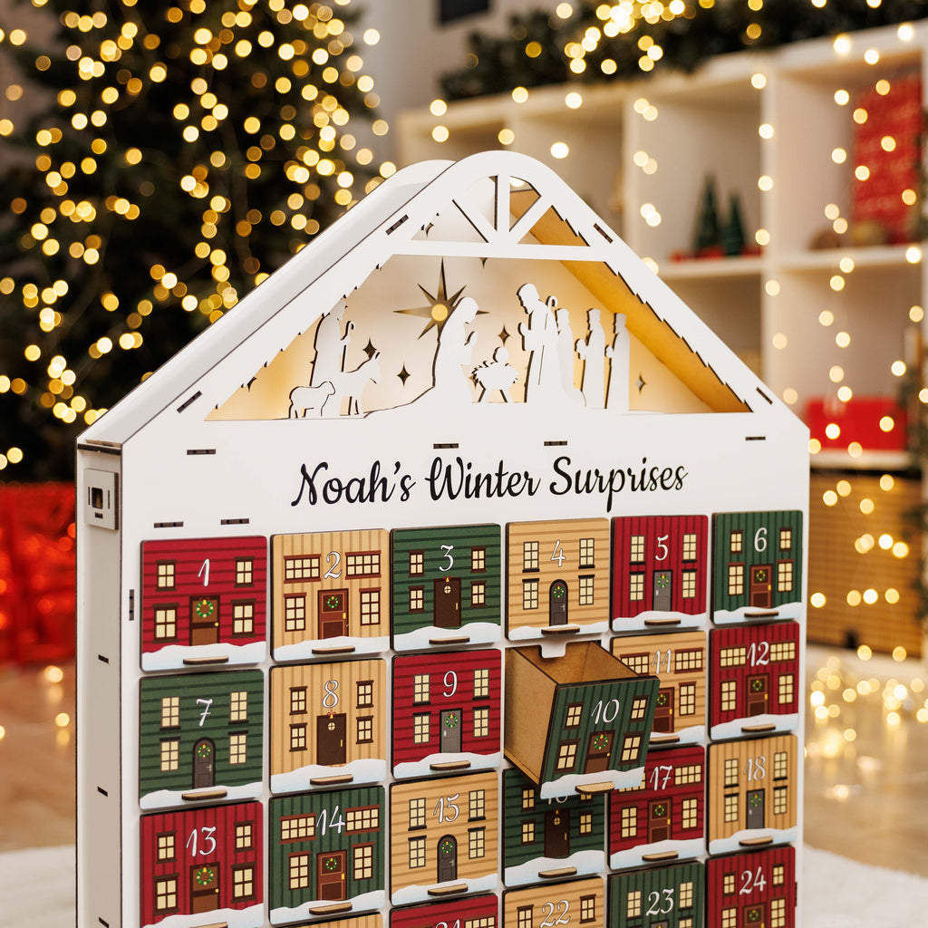Vintage Wooden Christmas Advent Calendar with 24 Colorful Drawers
