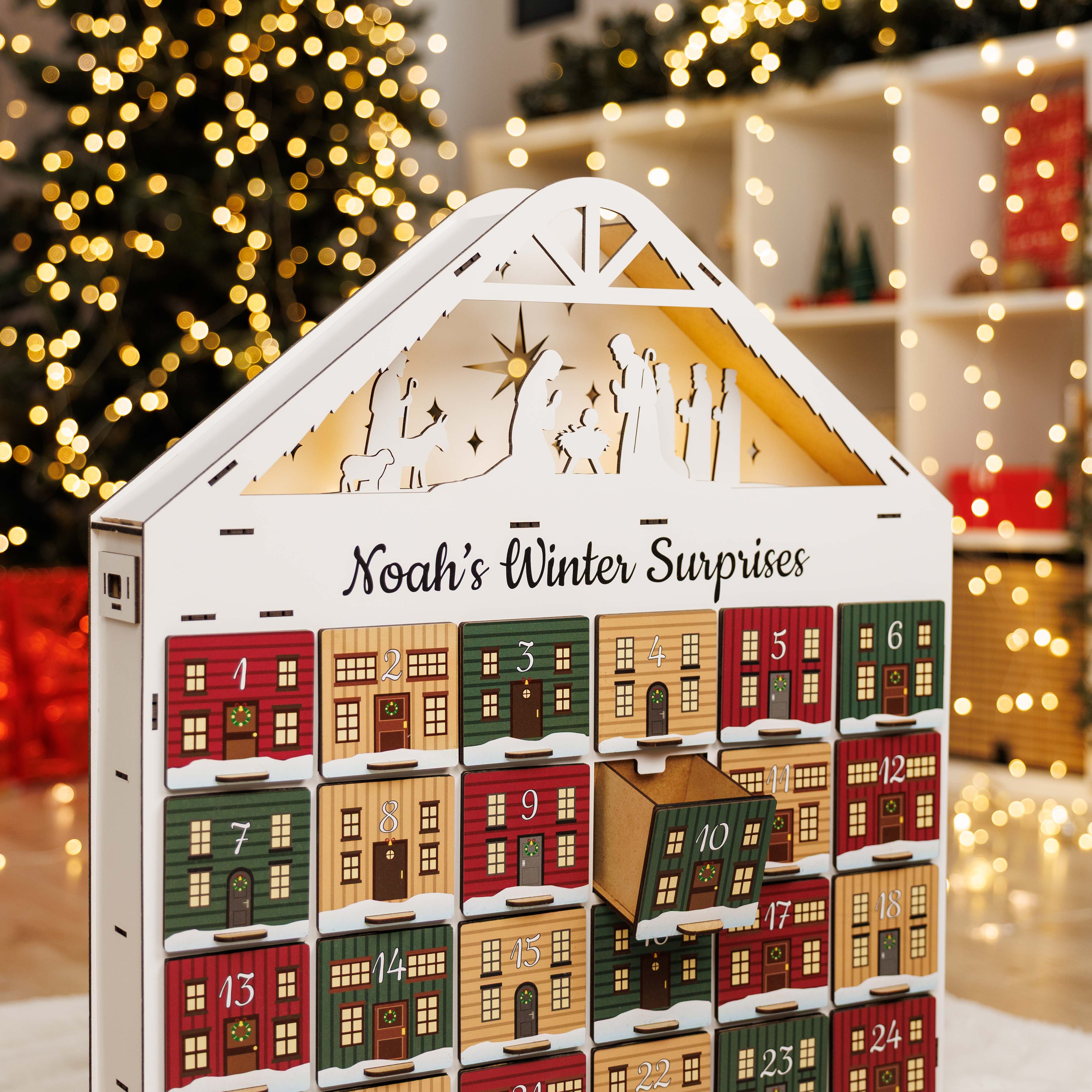 Vintage Wooden Christmas Advent Calendar with 24 Colorful Drawers
