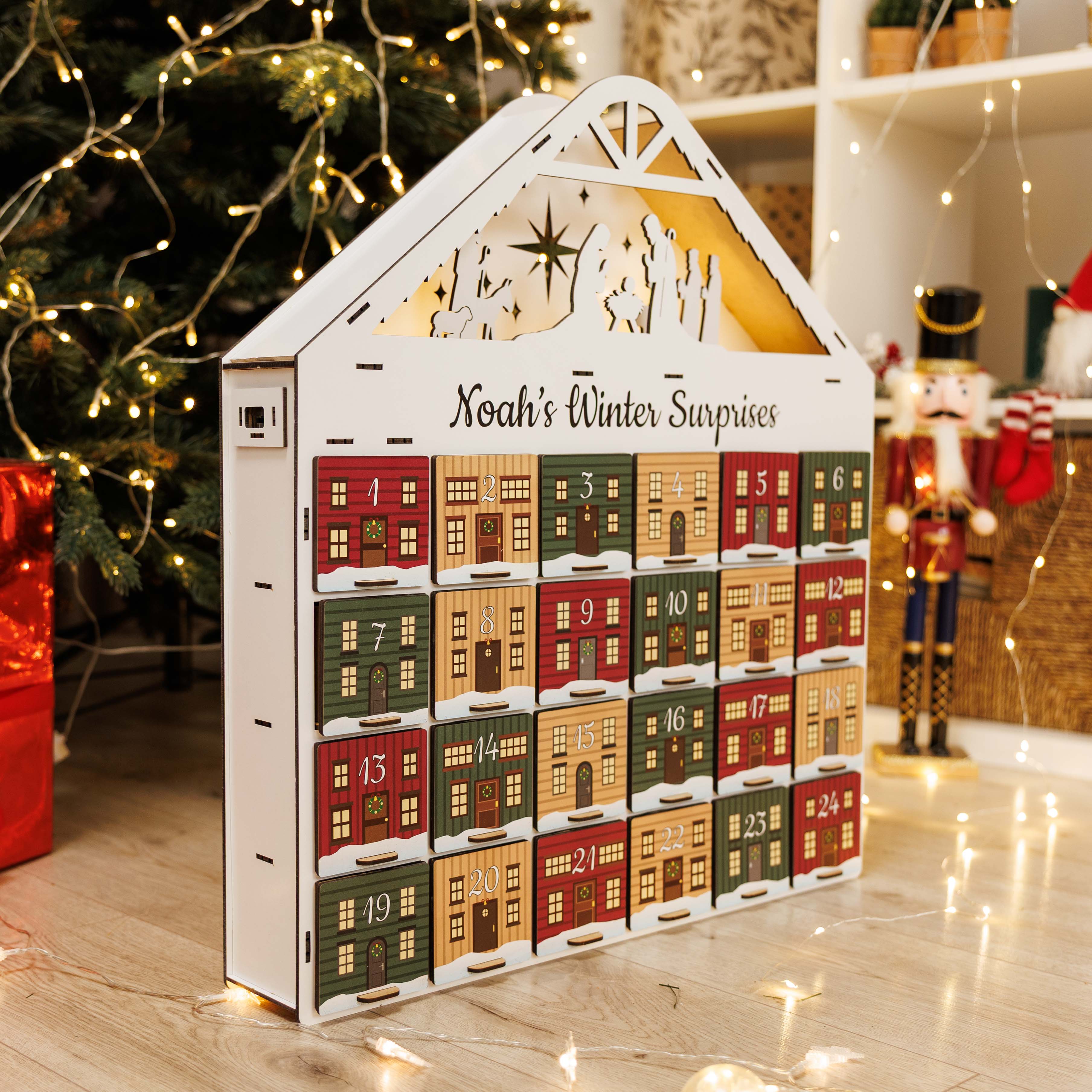 Vintage Wooden Christmas Advent Calendar with 24 Colorful Drawers