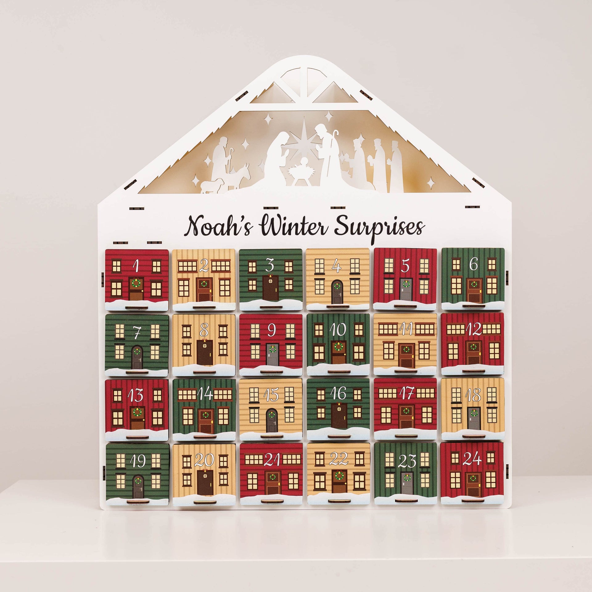 Vintage Wooden Christmas Advent Calendar with 24 Colorful Drawers