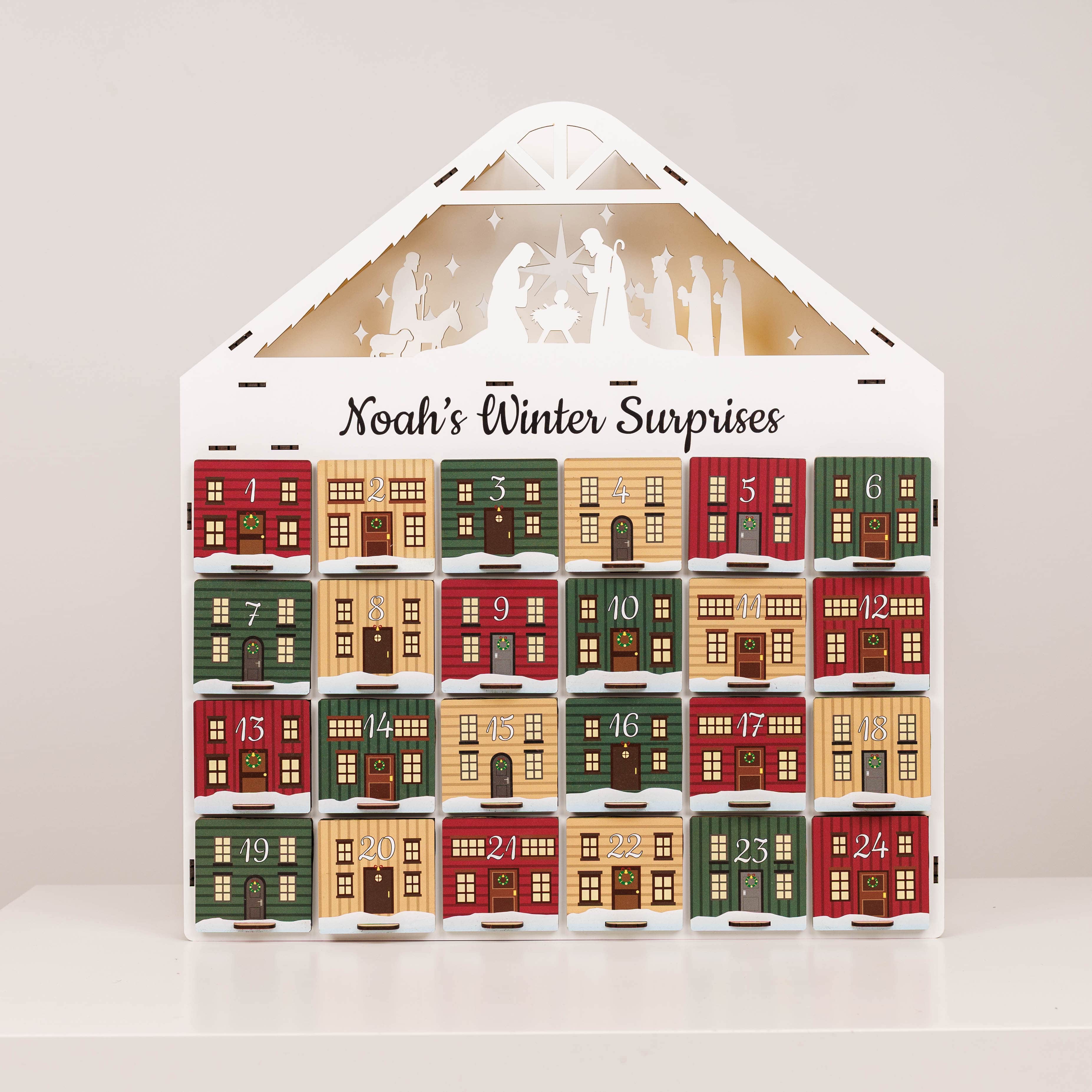 Vintage Wooden Christmas Advent Calendar with 24 Colorful Drawers