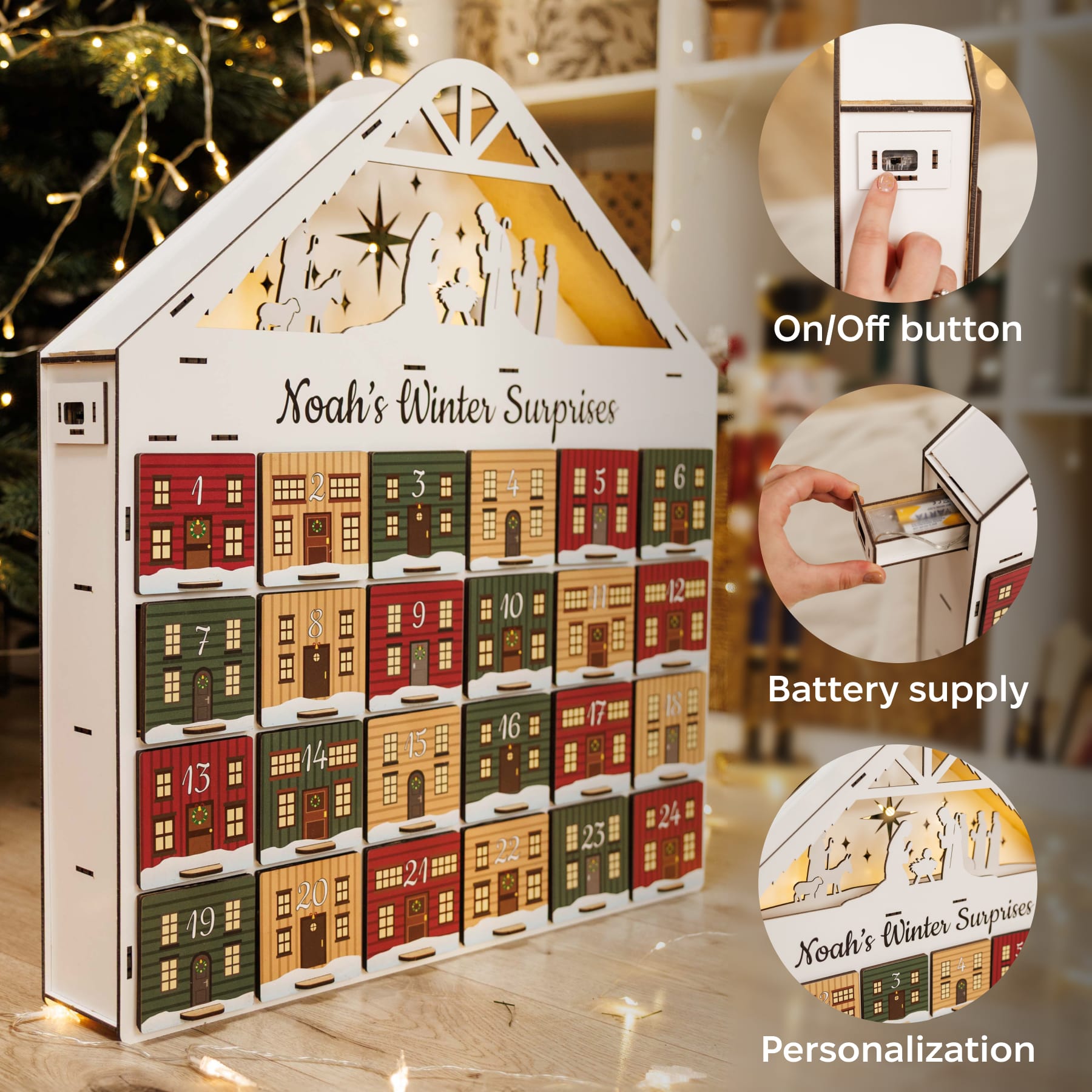Vintage Wooden Christmas Advent Calendar with 24 Colorful Drawers